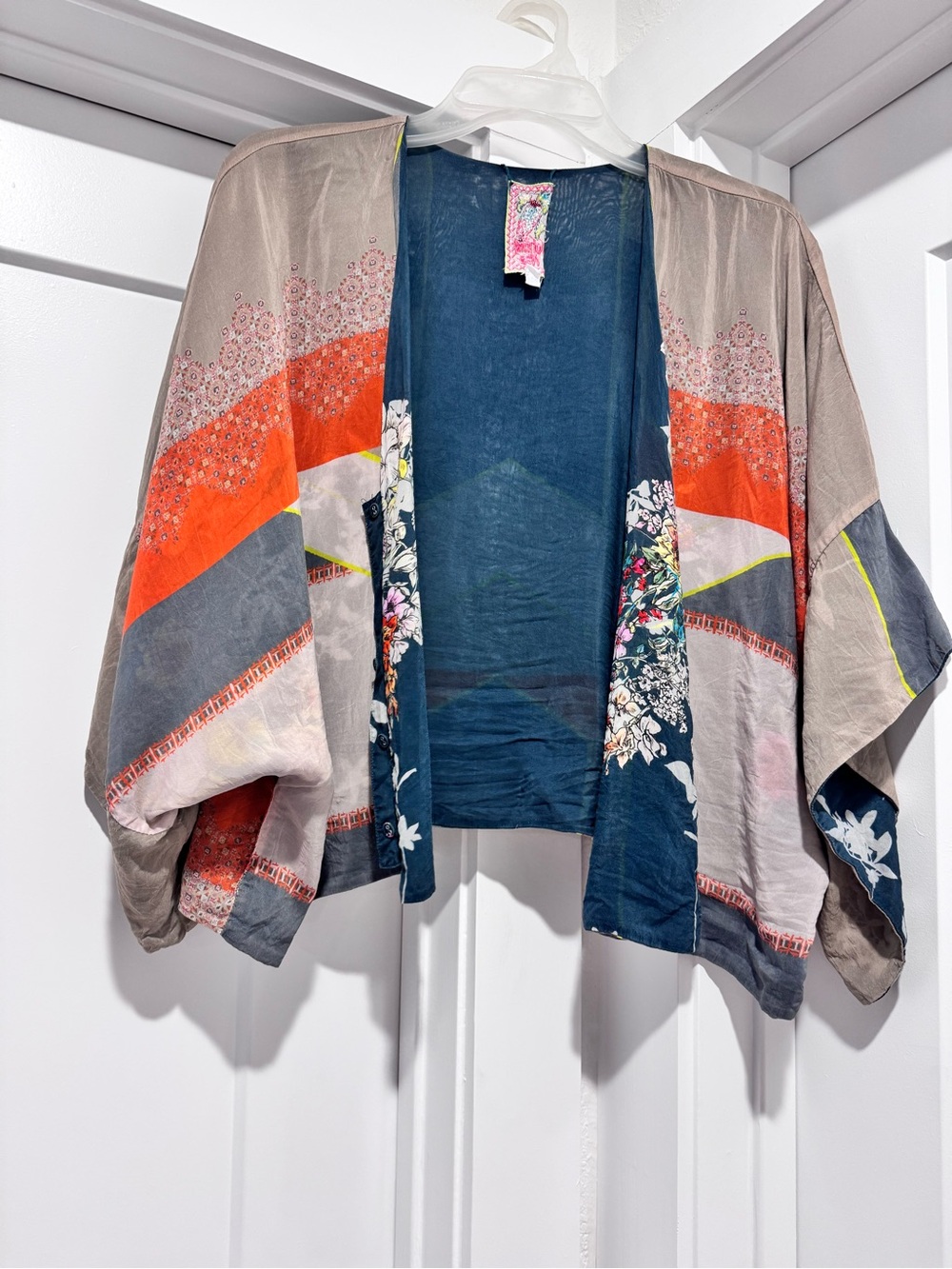 Johnny Was Reversible Floral Open-Front Kimono Jacket in Teal and Multicolor - Picture 5 of 8